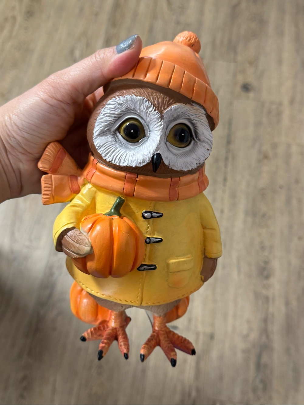 Autumn Owl Figurine in Yellow Coat with Pumpkin